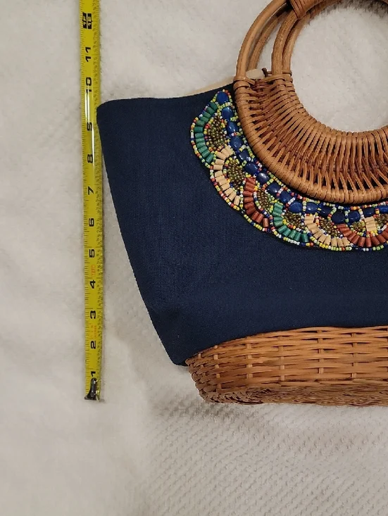 Straw Studios Navy Canvas Tote with Woven Handles and Multicolor Bead Trim - Picture 4 of 11